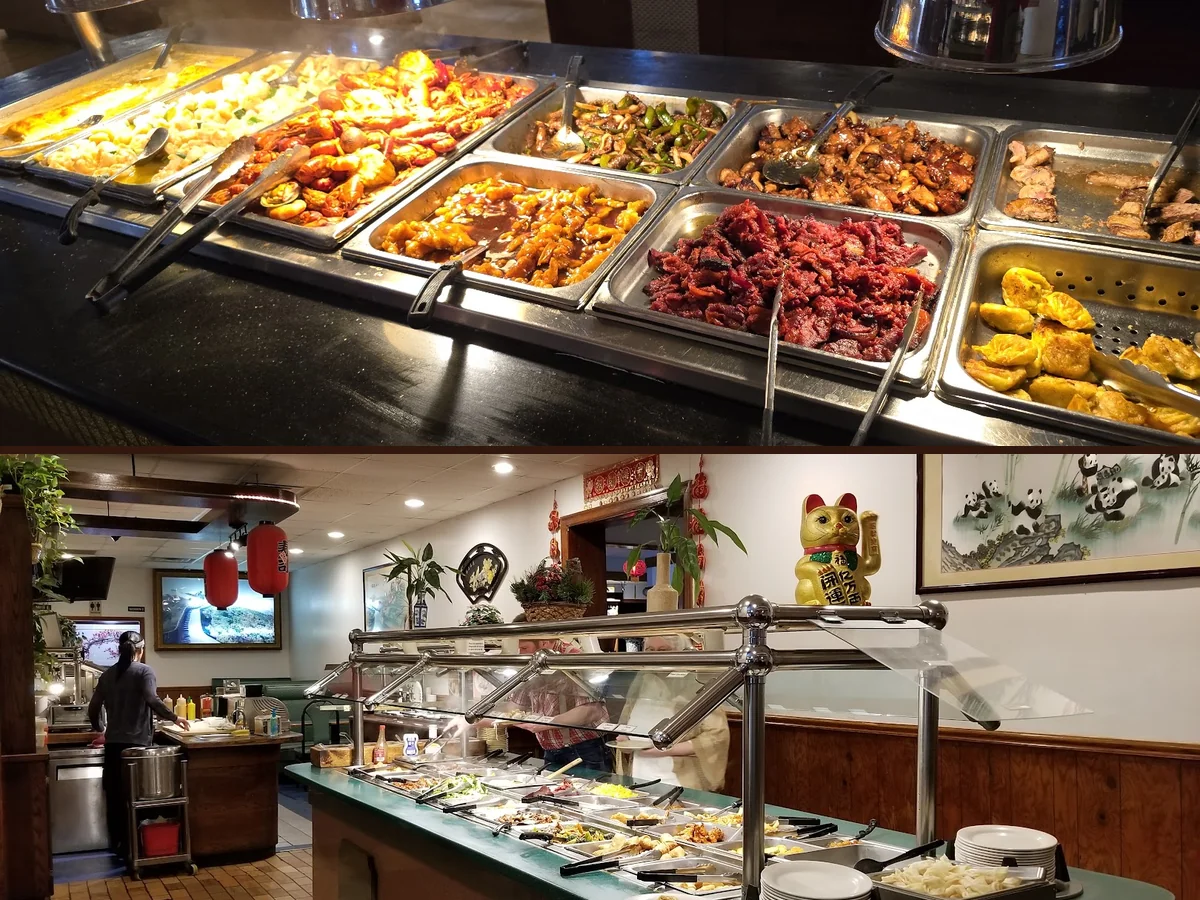 Buffet trays lined with Chinese dishes.