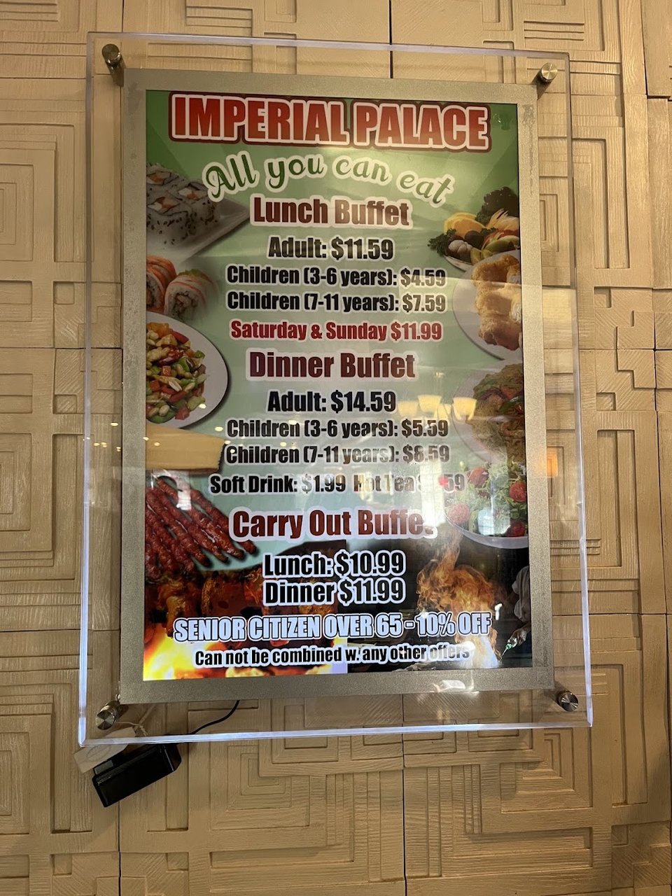 Lunch buffet hours and pricing categories.