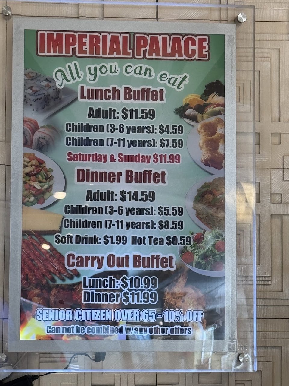 Dinner buffet options with beverages listed.