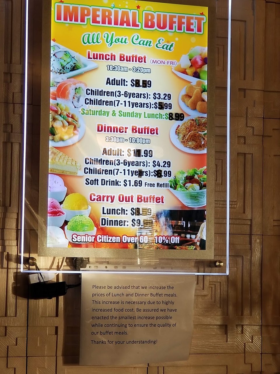 Carry-out buffet and drink selections.